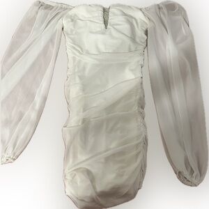 White  Off the Shoulder with Sheer Long Sleeves Rouched Mini Dress